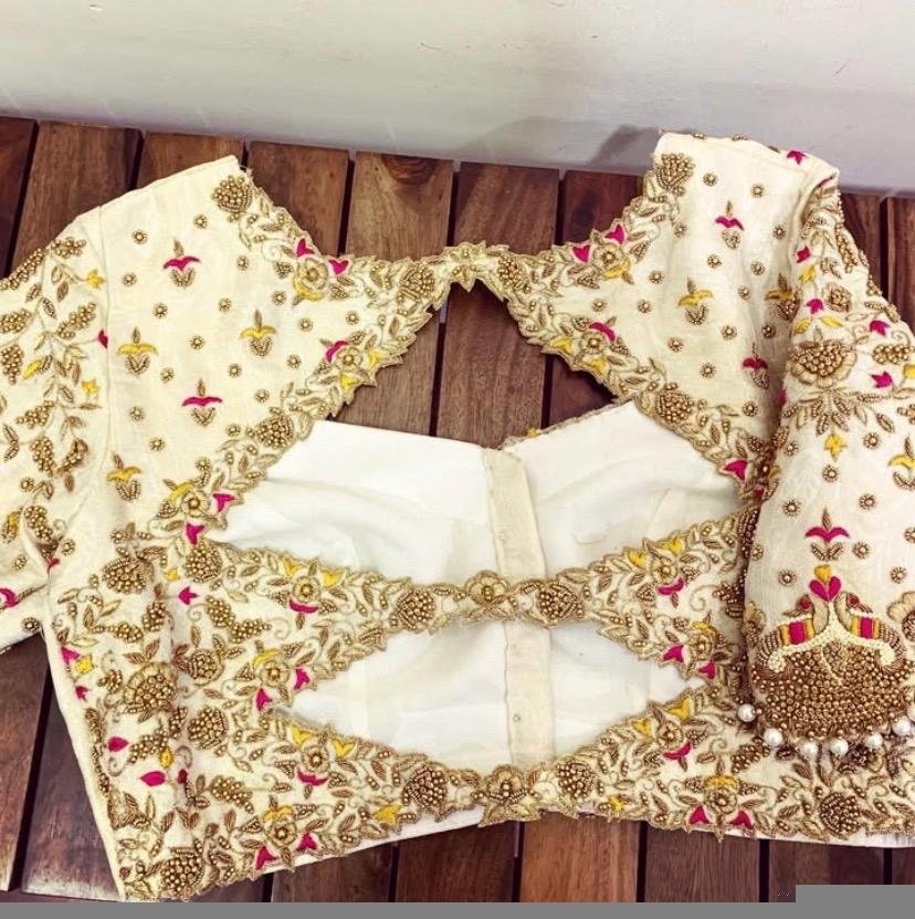 Cream Raw Silk Blouse: Hand Embroidered Zardosi Maggam Work