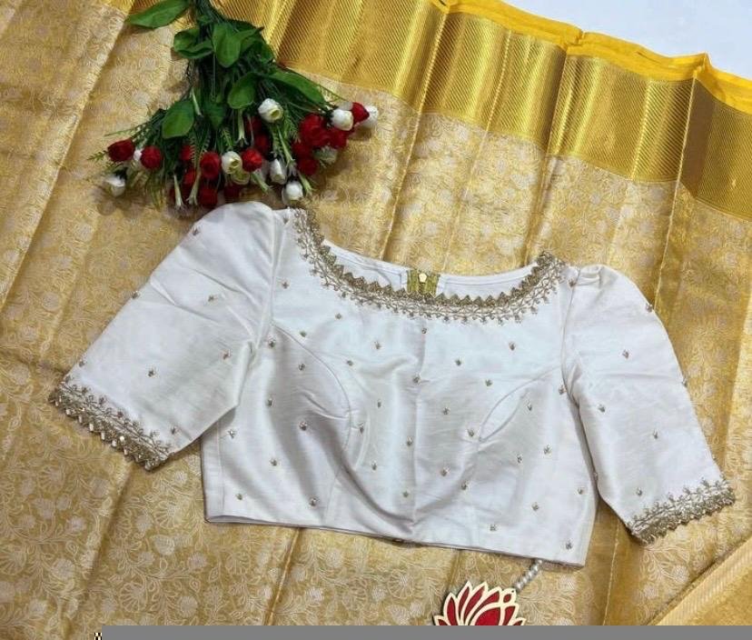 Cream Silk Saree Blouse: Hand Embroidered Zardosi, Boat Neck