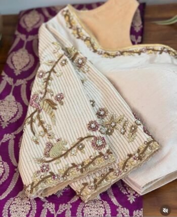 pure silk hand embroidery blouse/cream saree maggam blouse/raw silk zardosi blouse/hand embroidered blouse/cream ready made blouse zardosi