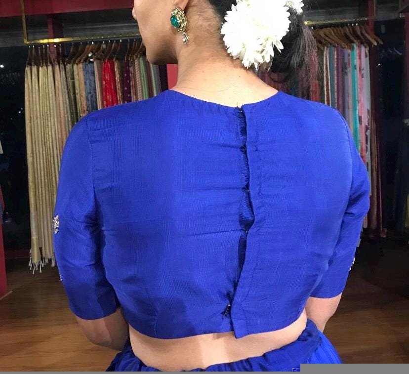 pure silk hand embroidery blouse/saree maggam blouse/blue zardosi blouse/royal blue embroidered moderblouse/blue ready made high neck blouse