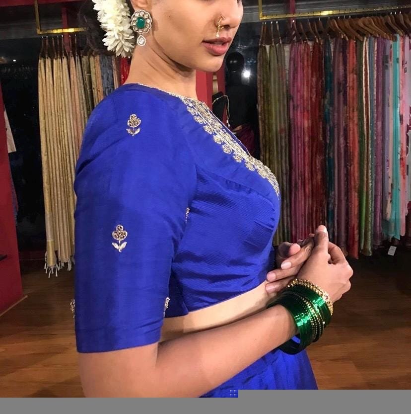 pure silk hand embroidery blouse/saree maggam blouse/blue zardosi blouse/royal blue embroidered moderblouse/blue ready made high neck blouse