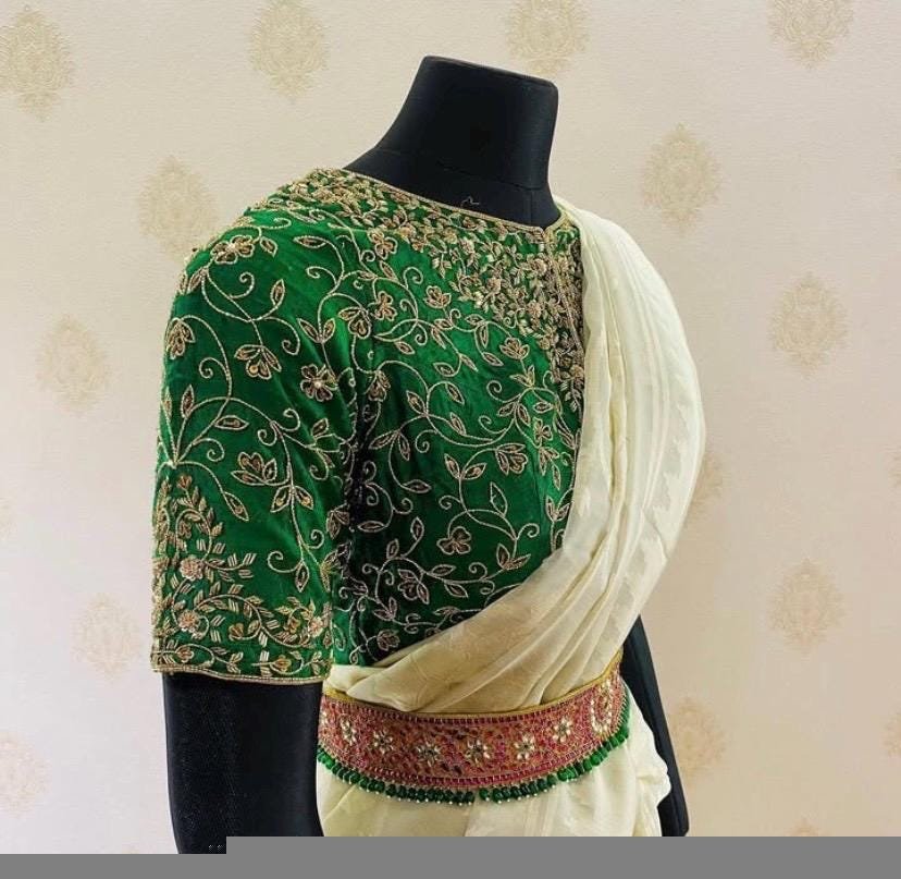 pure silk hand embroidery blouse/saree maggam blouse/green zardosi blouse/green embroidered moderblouse/green ready made high neck blouse
