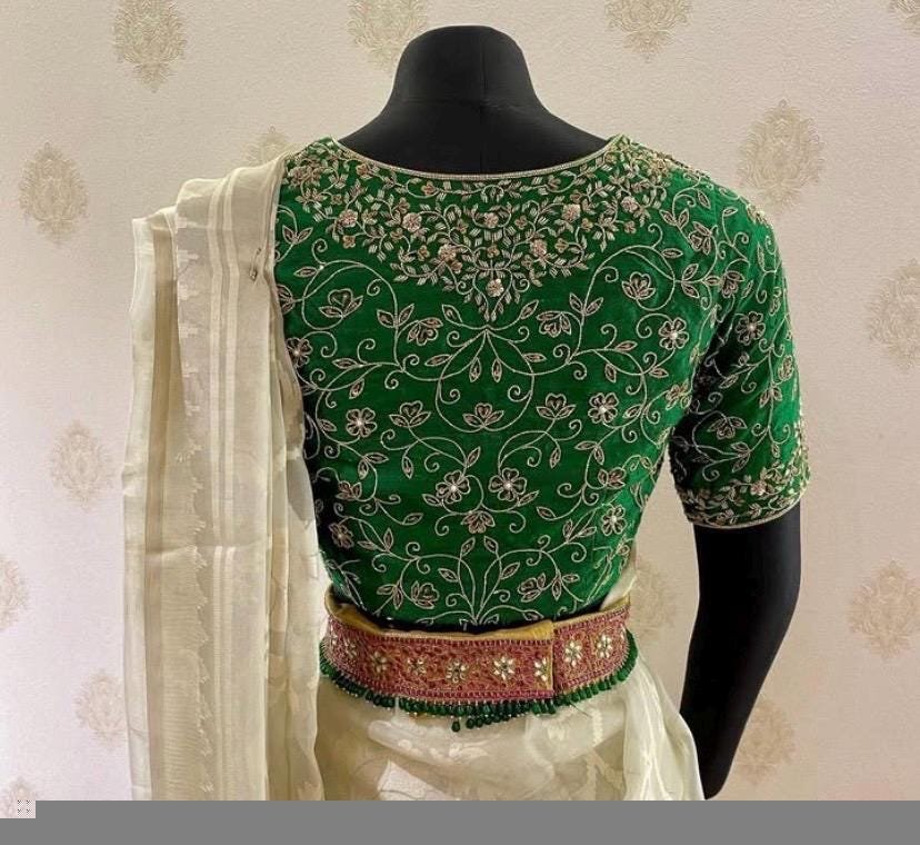pure silk hand embroidery blouse/saree maggam blouse/green zardosi blouse/green embroidered moderblouse/green ready made high neck blouse