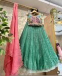 Hand-Painted Kalamkari Lehenga Set: Green Crop Top, Peach Dupatta