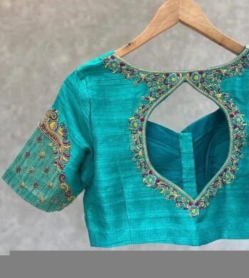 Hand Embroidered Silk Saree Blouse: Turquoise Blue Zardosi Maggam