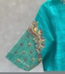 Hand Embroidered Silk Saree Blouse: Turquoise Blue Zardosi Maggam