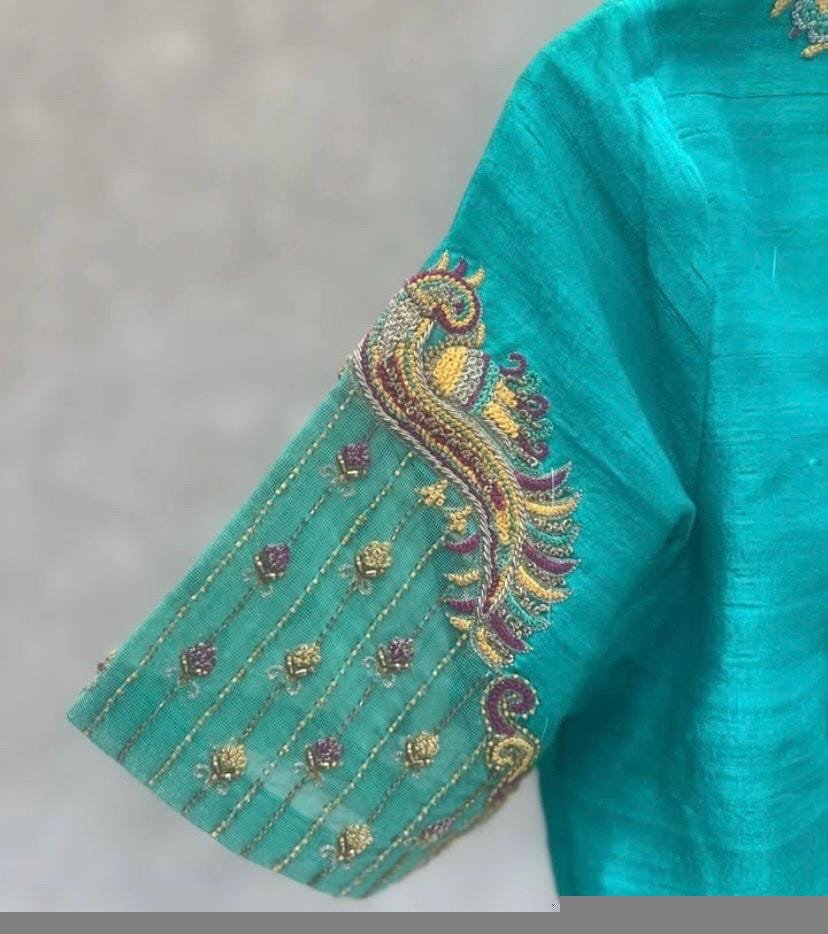 Hand Embroidered Silk Saree Blouse: Turquoise Blue Zardosi Maggam