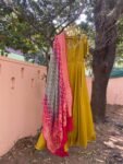 Hand embroidered Anarkali with pure banarasi  handloom dupatta/yellow anarkali suit set/anarkali dupatta/Indian dresses/pink banarasi dupatt