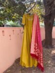 Hand embroidered Anarkali with pure banarasi  handloom dupatta/yellow anarkali suit set/anarkali dupatta/Indian dresses/pink banarasi dupatt