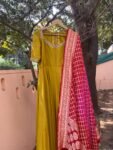 Hand embroidered Anarkali with pure banarasi handloom dupatta/yellow anarkali suit set/anarkali dupatta/Indian dresses/pink banarasi dupatt