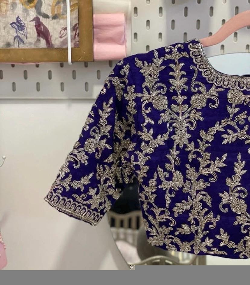 pure silk hand embroidery blouse/purple heavy maggam blouse/purple zardosi blouse/wedding hand embroidered blouse/bridal ready made blouse