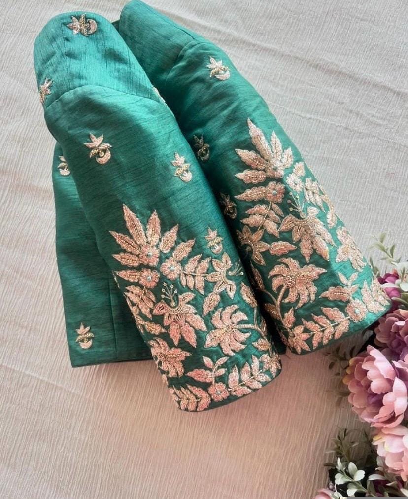 pure silk hand embroidery blouse/saree maggam blouse/green zardosi blouse usa/hand embroidered moderblouse/green ready made blouse zardosi