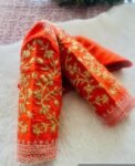 Hand Embroidered Orange Silk Saree Blouse: Zardosi Maggam Work