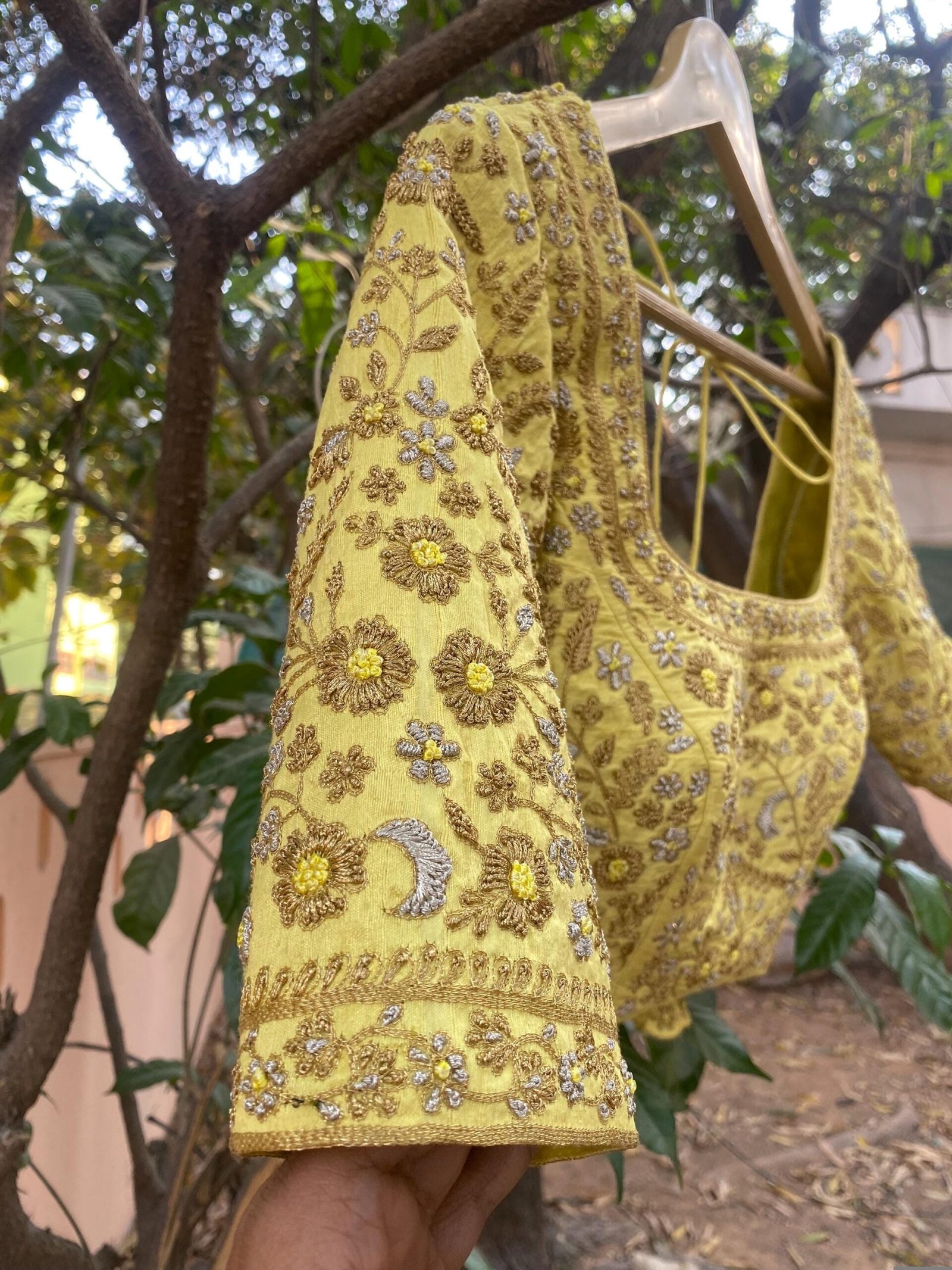 Handmade Pure Silk Bridal Blouse: Yellow Zardosi Embroidery, Maggam Work