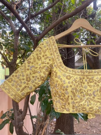 Handmade Pure Silk Bridal Blouse: Yellow Zardosi Embroidery, Maggam Work