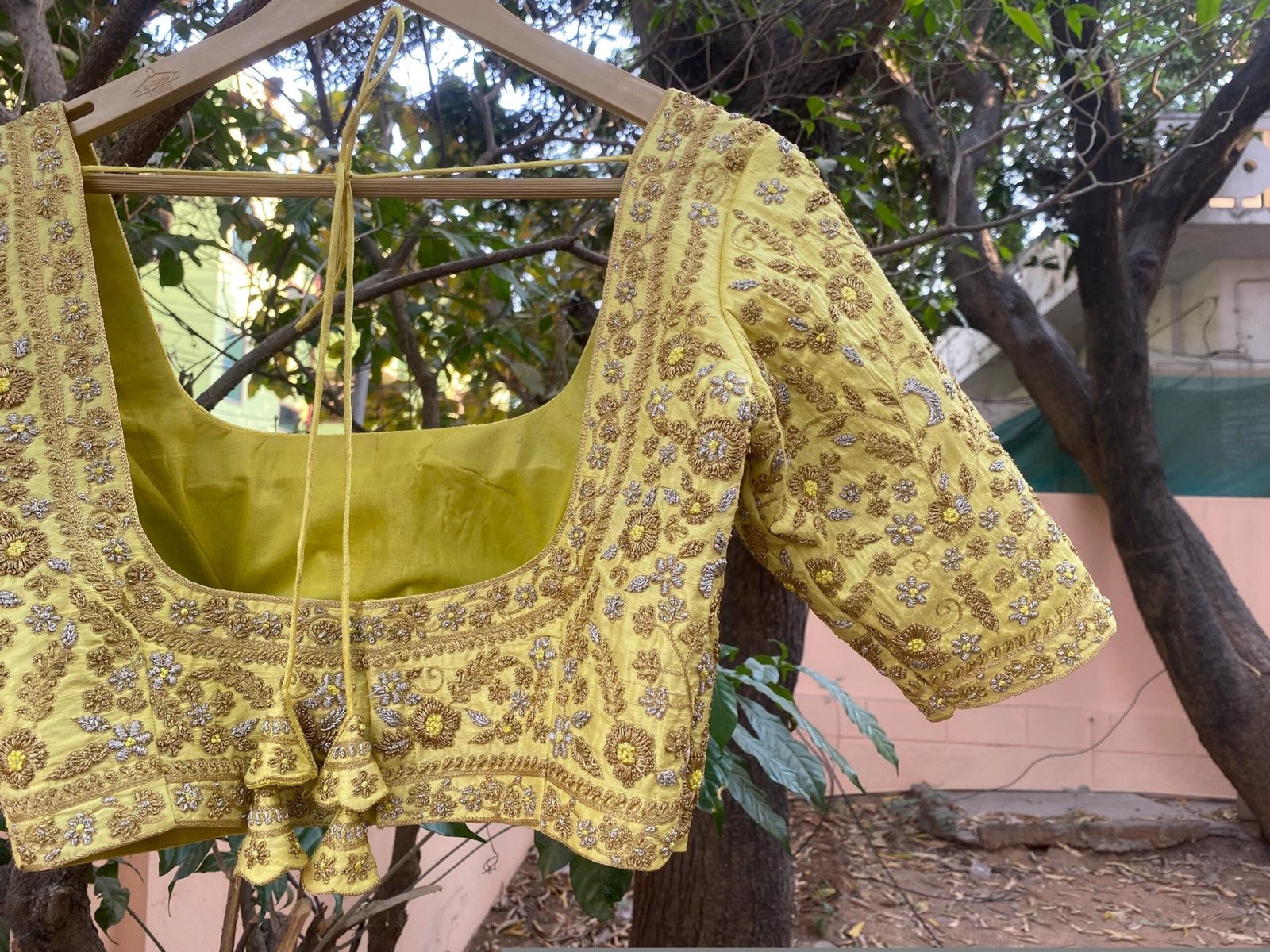 Handmade Pure Silk Bridal Blouse: Yellow Zardosi Embroidery, Maggam Work