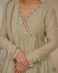 Hand Embroidered Anarkali Kurta Set: Olive Green Chanderi Silk Dupatta