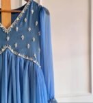 Hand Embroidered Anarkali Kurta Set: Light Blue Silk Dupatta