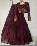 Sequin Embroidered Lehenga Set/ Brown Silk Crop Top Skirt/brown crop top lehenga,full sleeve crop top skirt set,Indian lehenga set,teens USA