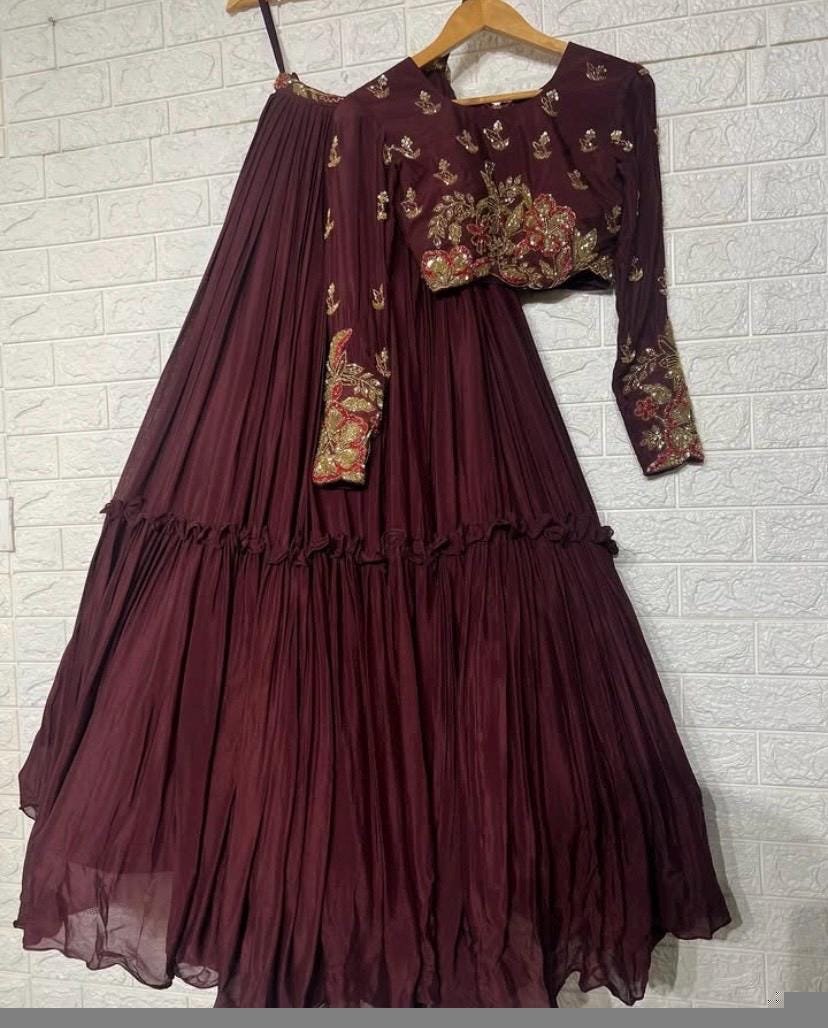 Sequin Embroidered Lehenga Set/ Brown Silk Crop Top Skirt/brown crop top lehenga,full sleeve crop top skirt set,Indian lehenga set,teens USA