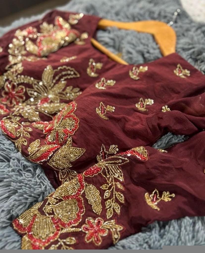 Sequin Embroidered Lehenga Set/ Brown Silk Crop Top Skirt/brown crop top lehenga,full sleeve crop top skirt set,Indian lehenga set,teens USA