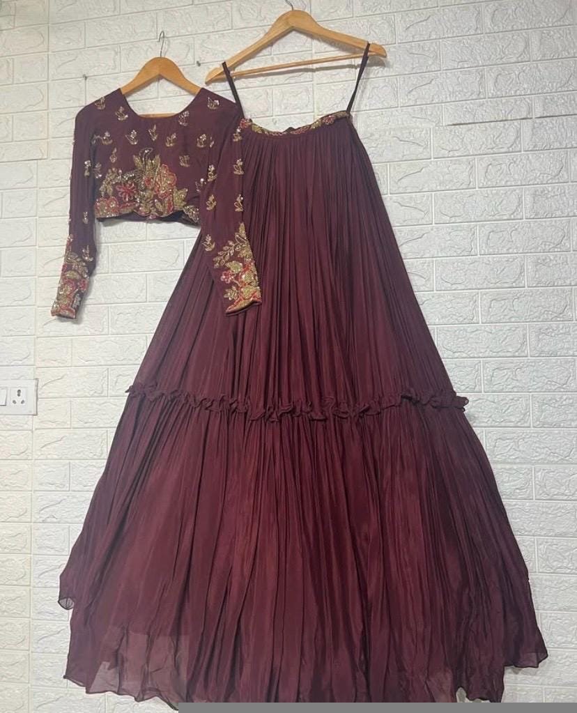 Sequin Embroidered Lehenga Set/ Brown Silk Crop Top Skirt/brown crop top lehenga,full sleeve crop top skirt set,Indian lehenga set,teens USA
