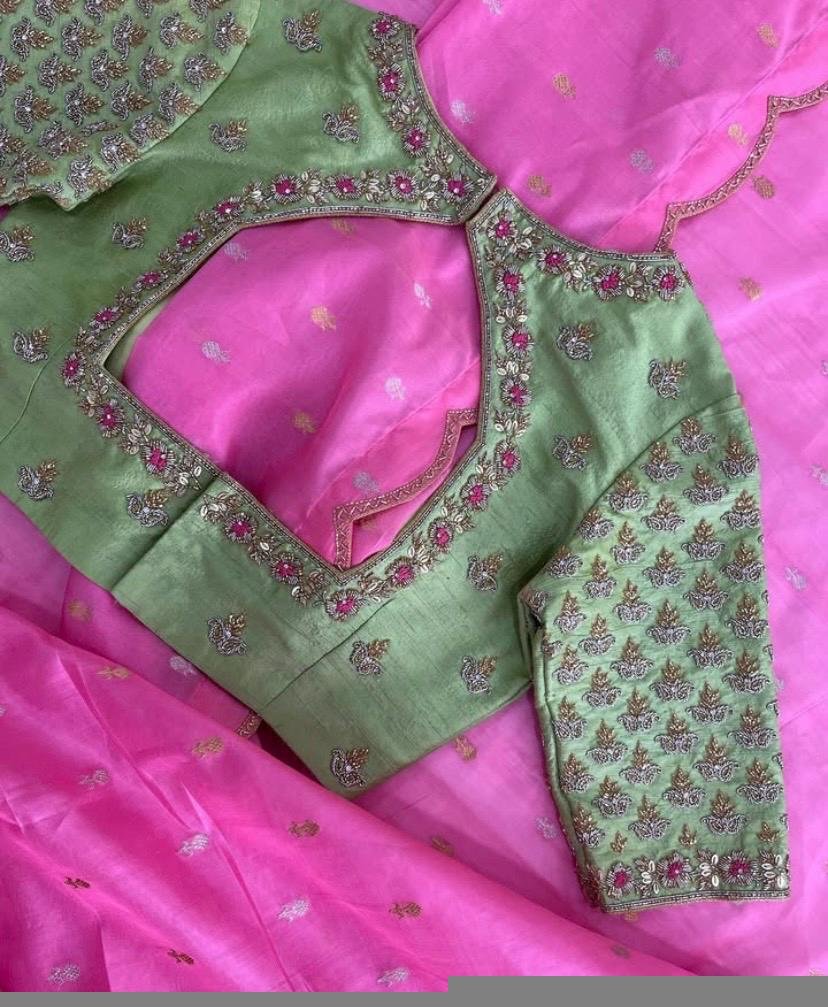 Hand Embroidered Silk Saree Blouse: Pista Green Zardosi Maggam