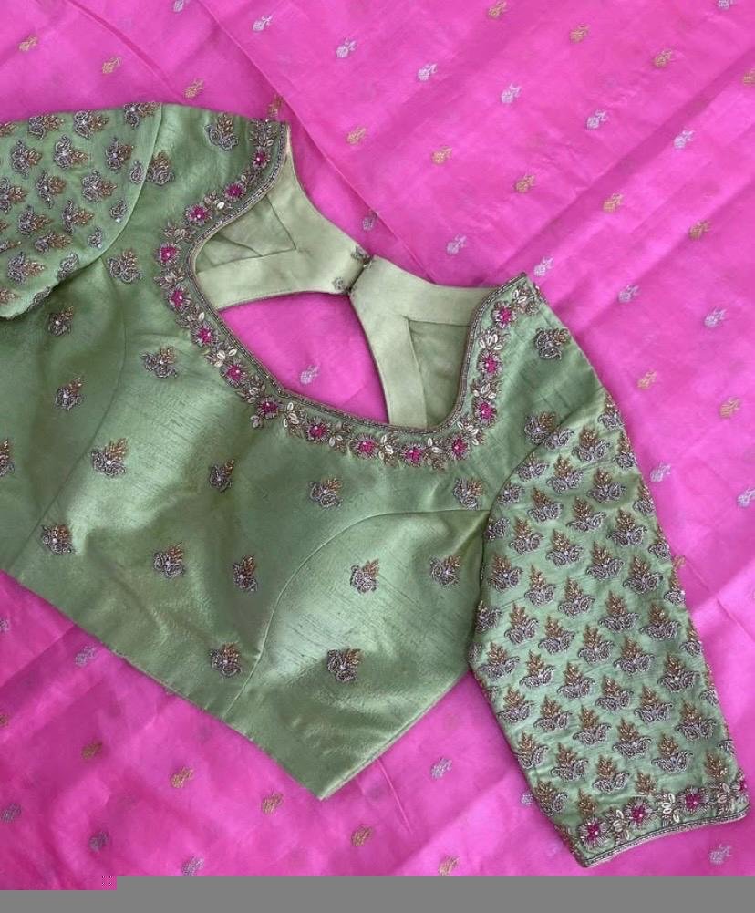 Hand Embroidered Silk Saree Blouse: Pista Green Zardosi Maggam