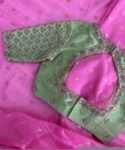 Hand Embroidered Silk Saree Blouse: Pista Green Zardosi Maggam