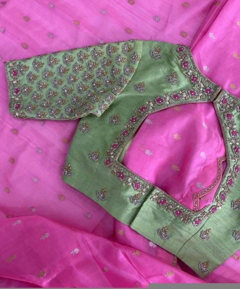 Hand Embroidered Silk Saree Blouse: Pista Green Zardosi Maggam