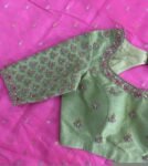 Hand Embroidered Silk Saree Blouse: Pista Green Zardosi Maggam