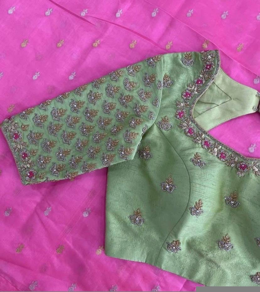 Hand Embroidered Silk Saree Blouse: Pista Green Zardosi Maggam