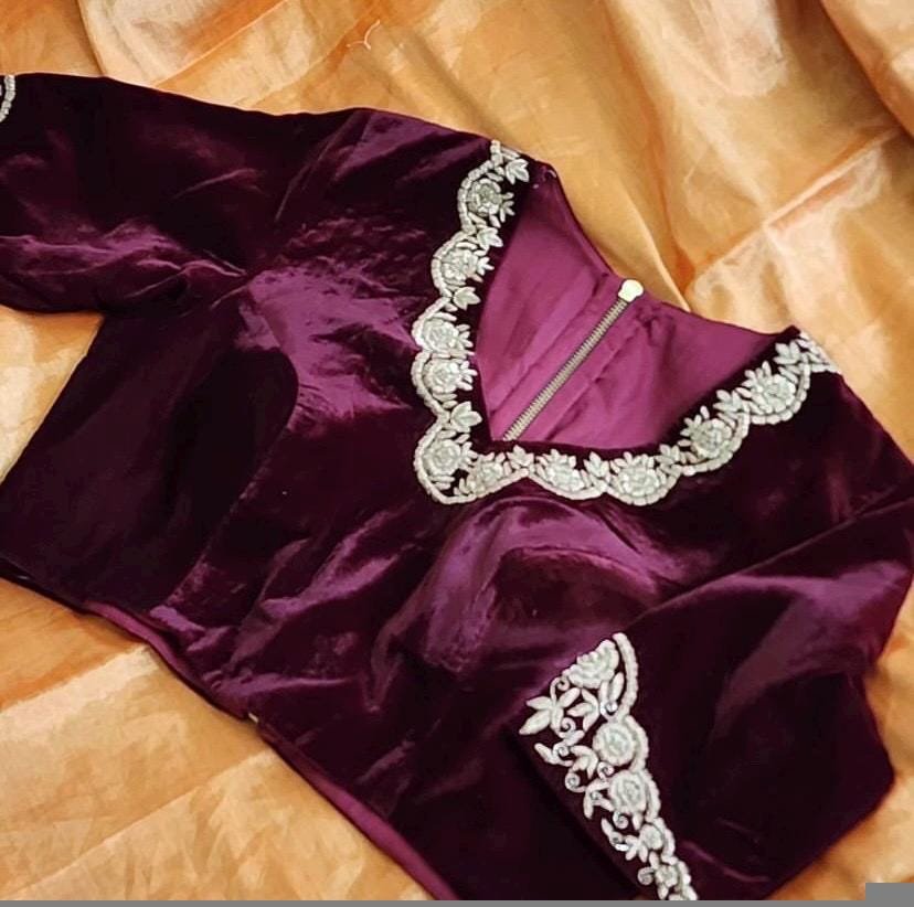 pure velvet hand embroidery blouse/v neck maggam blouse/red zardosi blouse/velvet hand embroidered blouse/purple velvet ready made blouse