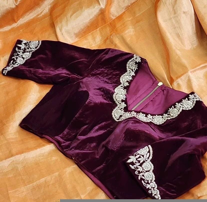 pure velvet hand embroidery blouse/v neck maggam blouse/red zardosi blouse/velvet hand embroidered blouse/purple velvet ready made blouse