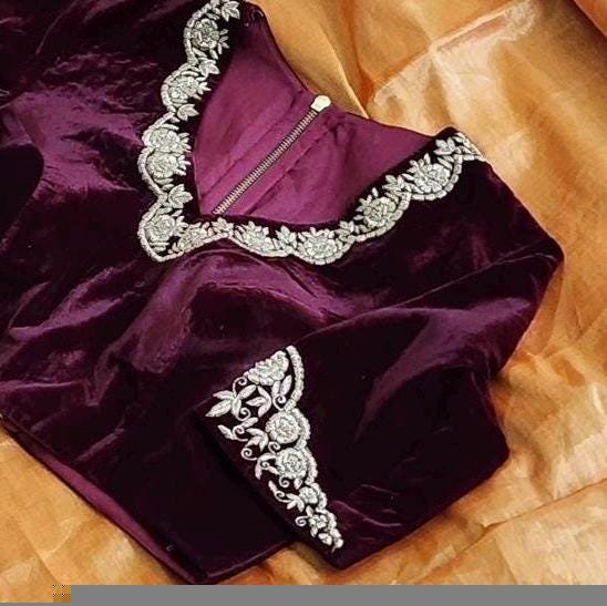 pure velvet hand embroidery blouse/v neck maggam blouse/red zardosi blouse/velvet hand embroidered blouse/purple velvet ready made blouse