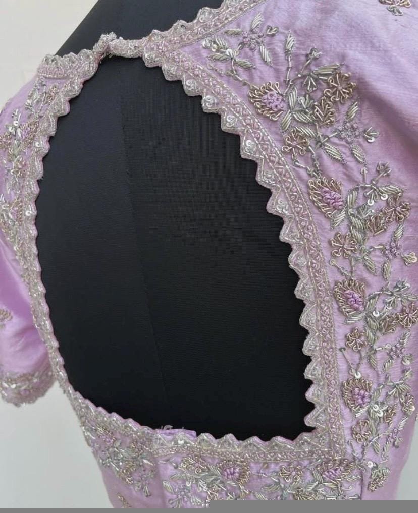 Lavender hand embroidery blouse/saree maggam work blouse/hand embroidery saree blouse/hand embroidered blouse/lavender ready made blouse usa