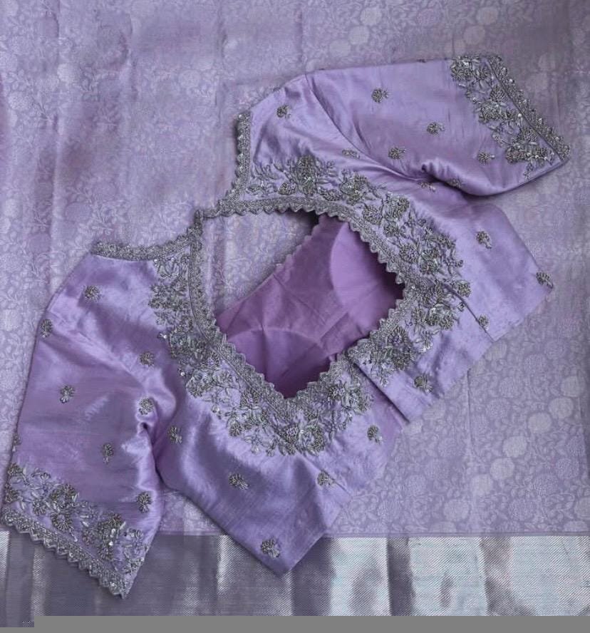Lavender hand embroidery blouse/saree maggam work blouse/hand embroidery saree blouse/hand embroidered blouse/lavender ready made blouse usa