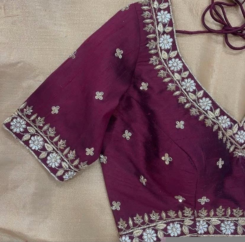 pure silk hand embroidery blouse/saree maggam blouse/dark pink zardosi blouse/hand embroidered blouse/plum color ready made blouse zardosi