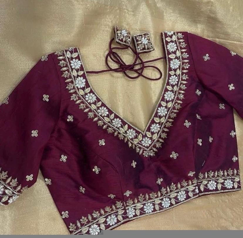 pure silk hand embroidery blouse/saree maggam blouse/dark pink zardosi blouse/hand embroidered blouse/plum color ready made blouse zardosi