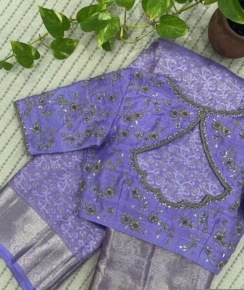 Lavender Hand Embroidered Saree Blouse: Raw Silk Zardosi Maggam Work