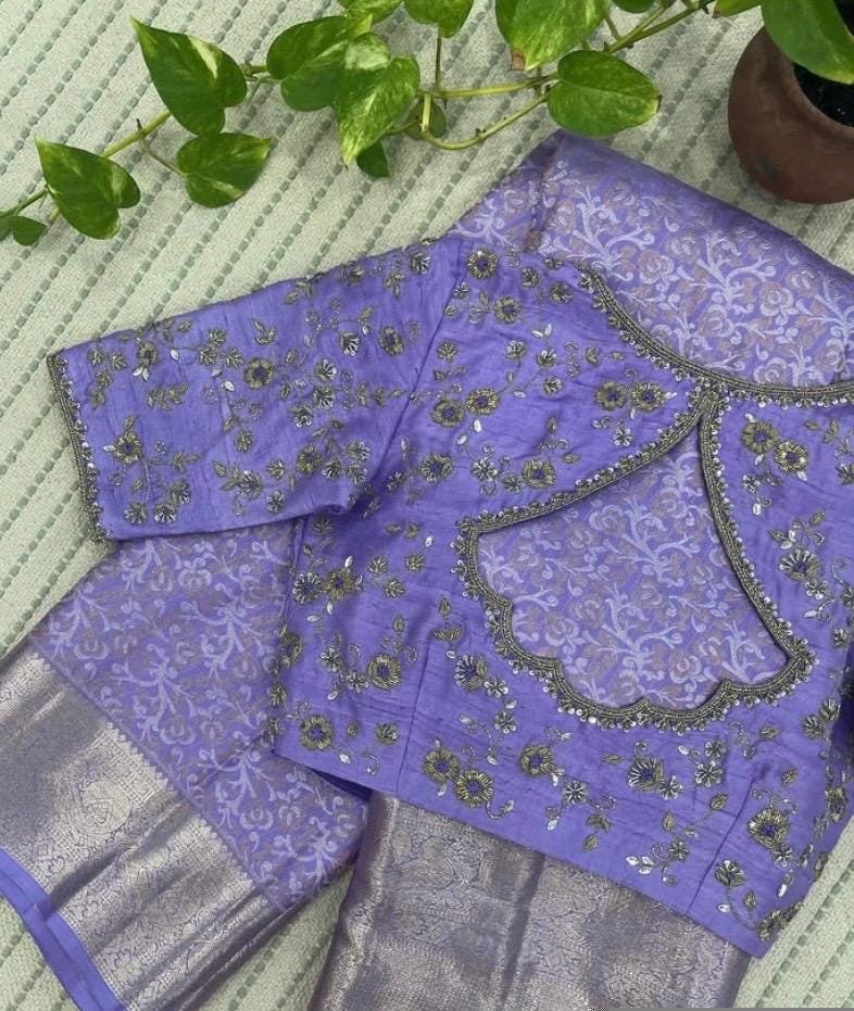 Lavender Hand Embroidered Saree Blouse: Raw Silk Zardosi Maggam Work