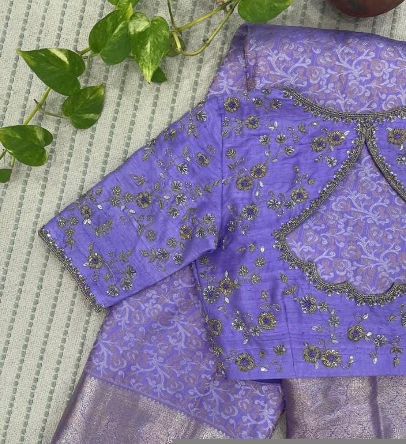 Lavender Hand Embroidered Saree Blouse: Raw Silk Zardosi Maggam Work