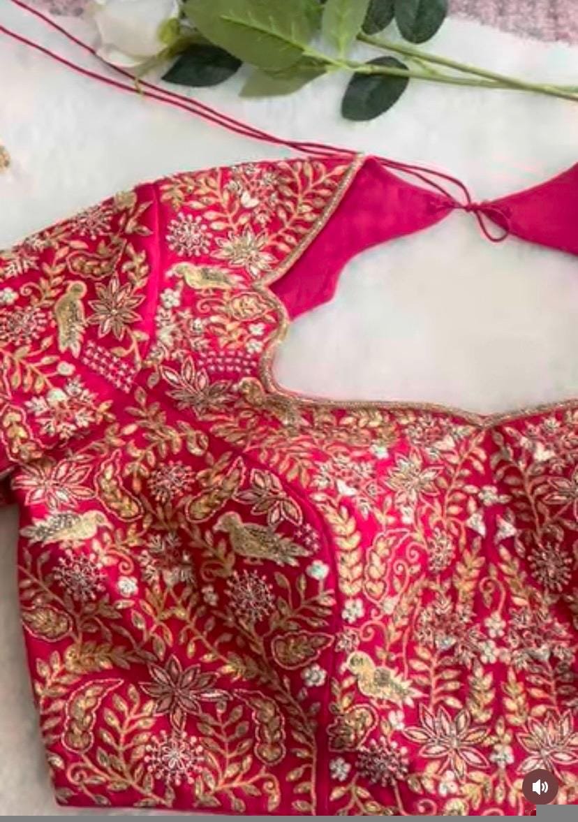 pure silk hand embroidery bridal blouse/maggam blouse/pink bridal work blouse/pink hand embroidered blouse/heavy embroidery wedding blouse