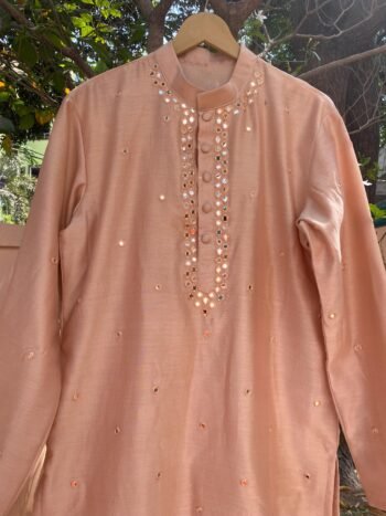 Peach Silk Kurta Set: Mirror Embroidered Indian Menswear