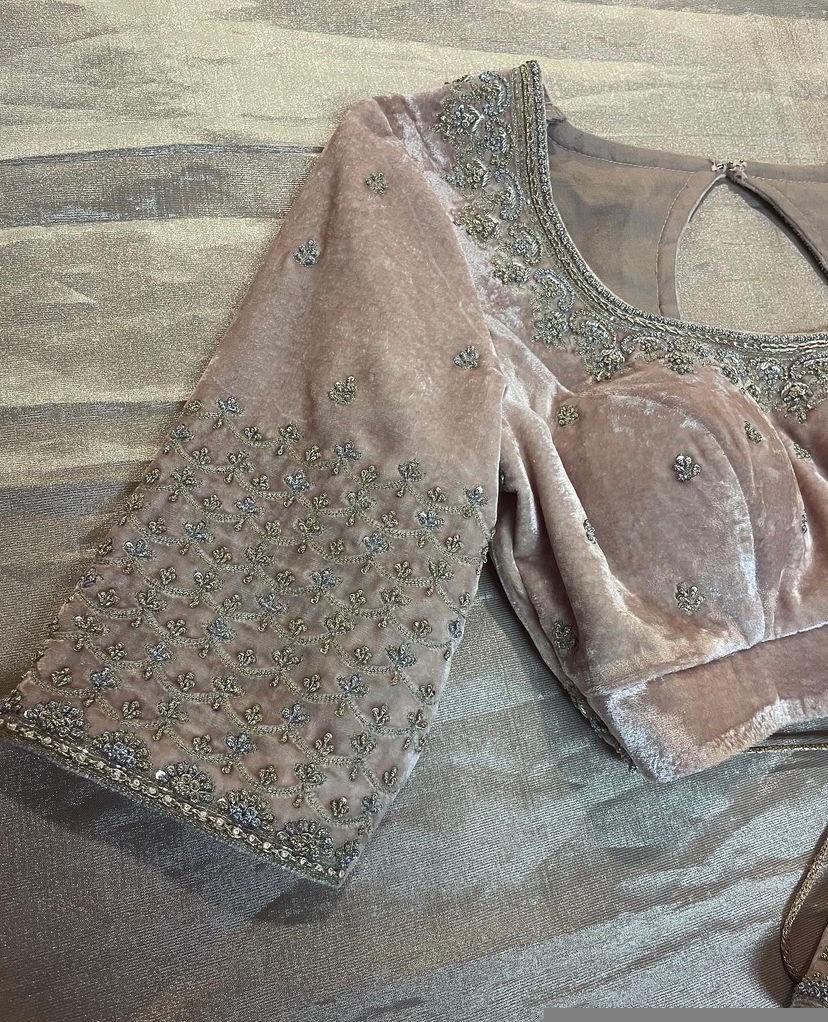 Blush Pink Velvet Saree Blouse: Hand Embroidered Zardosi Maggam Work,pure velvet blouse,blush velvet blouse,handwork blouse,Pastel velvet us