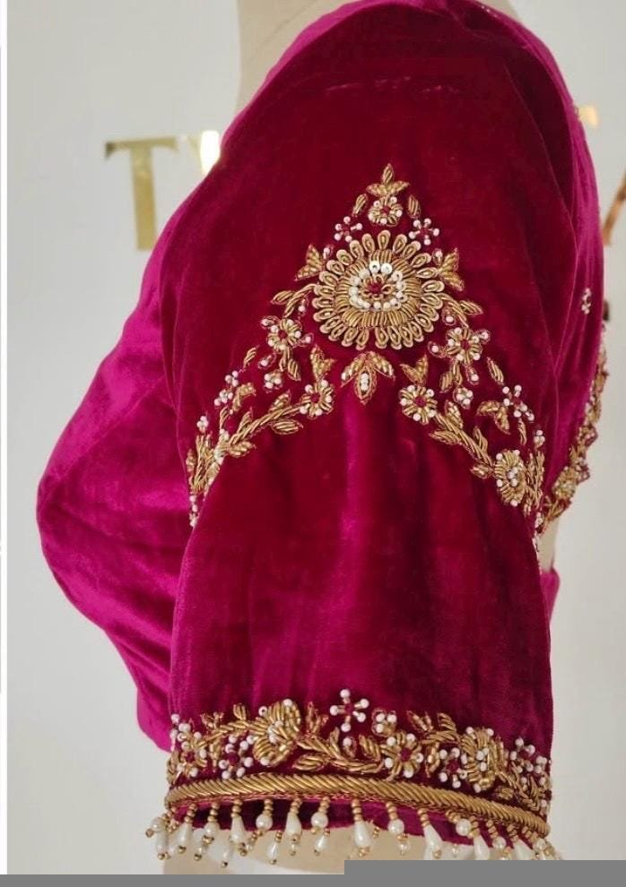 pure velvet hand embroidery blouse /modern saree maggam blouse/hot pink zardosi blouse/hand embroidered blouse/pink velvet ready made blouse