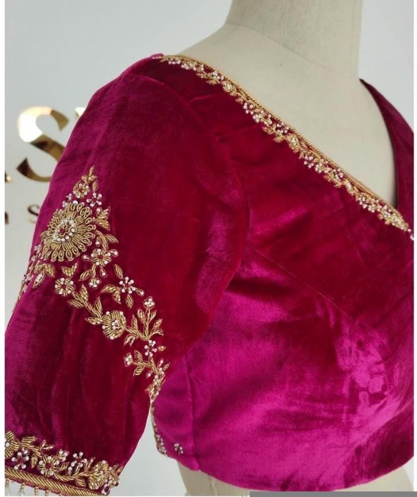 pure velvet hand embroidery blouse /modern saree maggam blouse/hot pink zardosi blouse/hand embroidered blouse/pink velvet ready made blouse