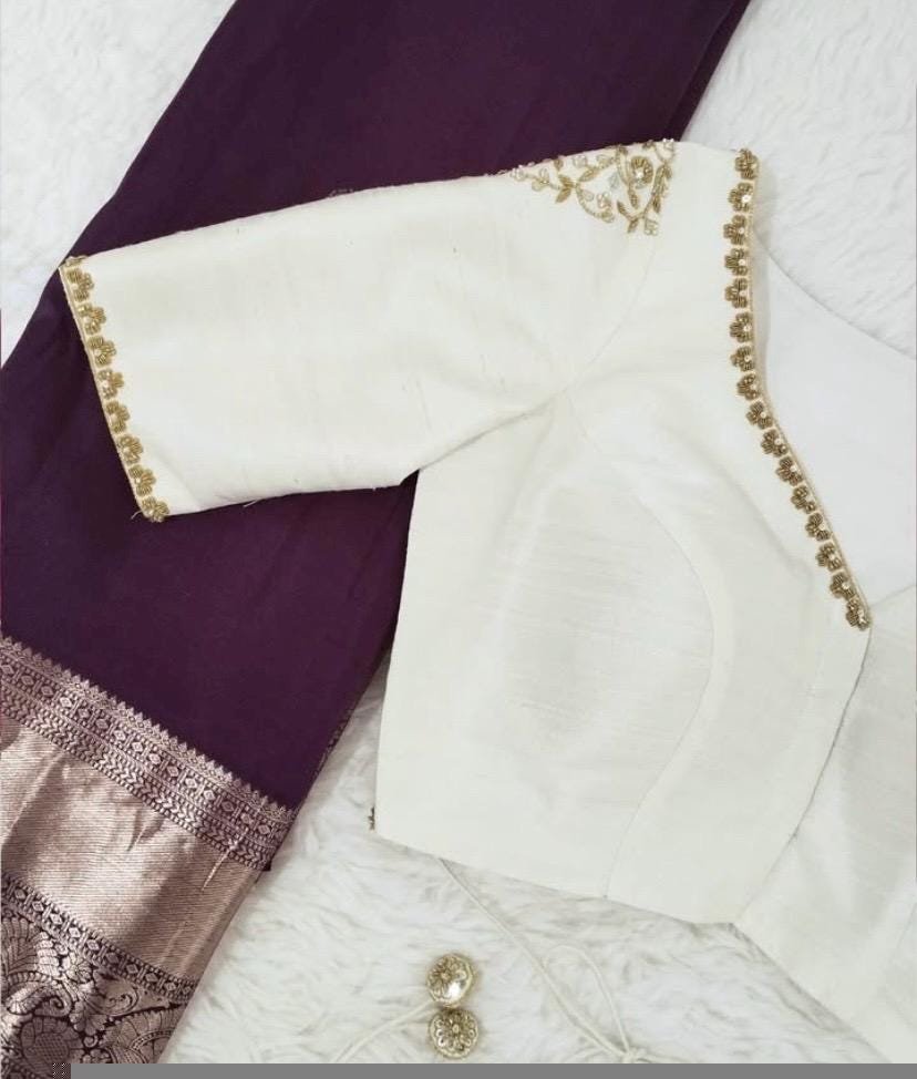 pure silk hand embroidery blouse/cream saree maggam blouse/raw silk zardosi blouse/hand embroidered blouse/cream ready made blouse zardosi
