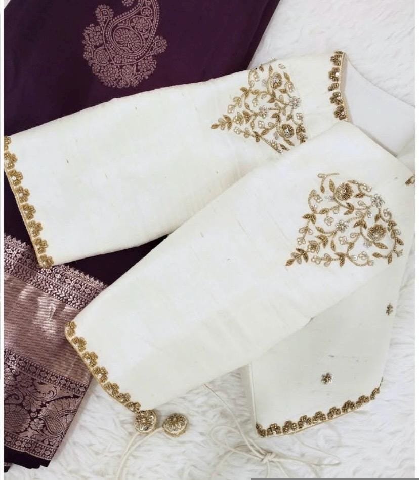pure silk hand embroidery blouse/cream saree maggam blouse/raw silk zardosi blouse/hand embroidered blouse/cream ready made blouse zardosi