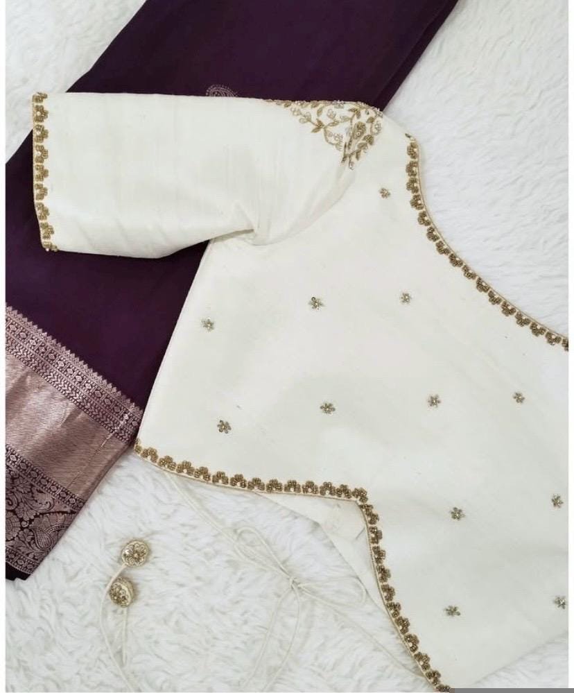 pure silk hand embroidery blouse/cream saree maggam blouse/raw silk zardosi blouse/hand embroidered blouse/cream ready made blouse zardosi